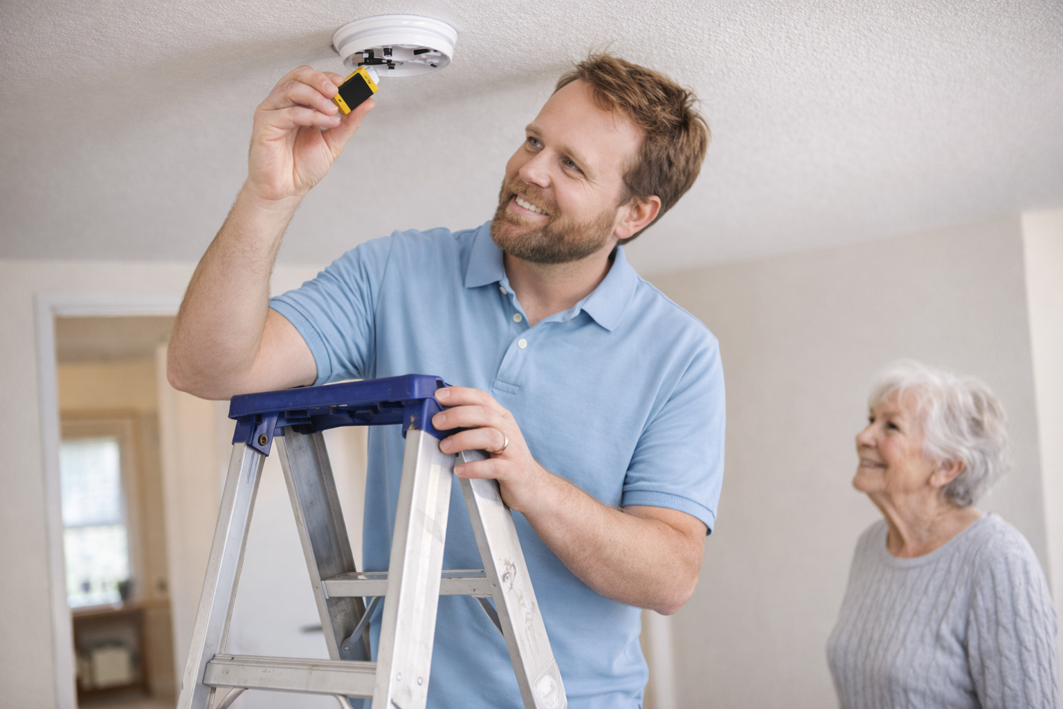 Aaron changing a battery in a smoke detector