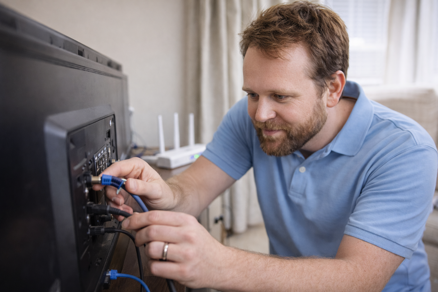 Aaron hooking up a TV to wires
