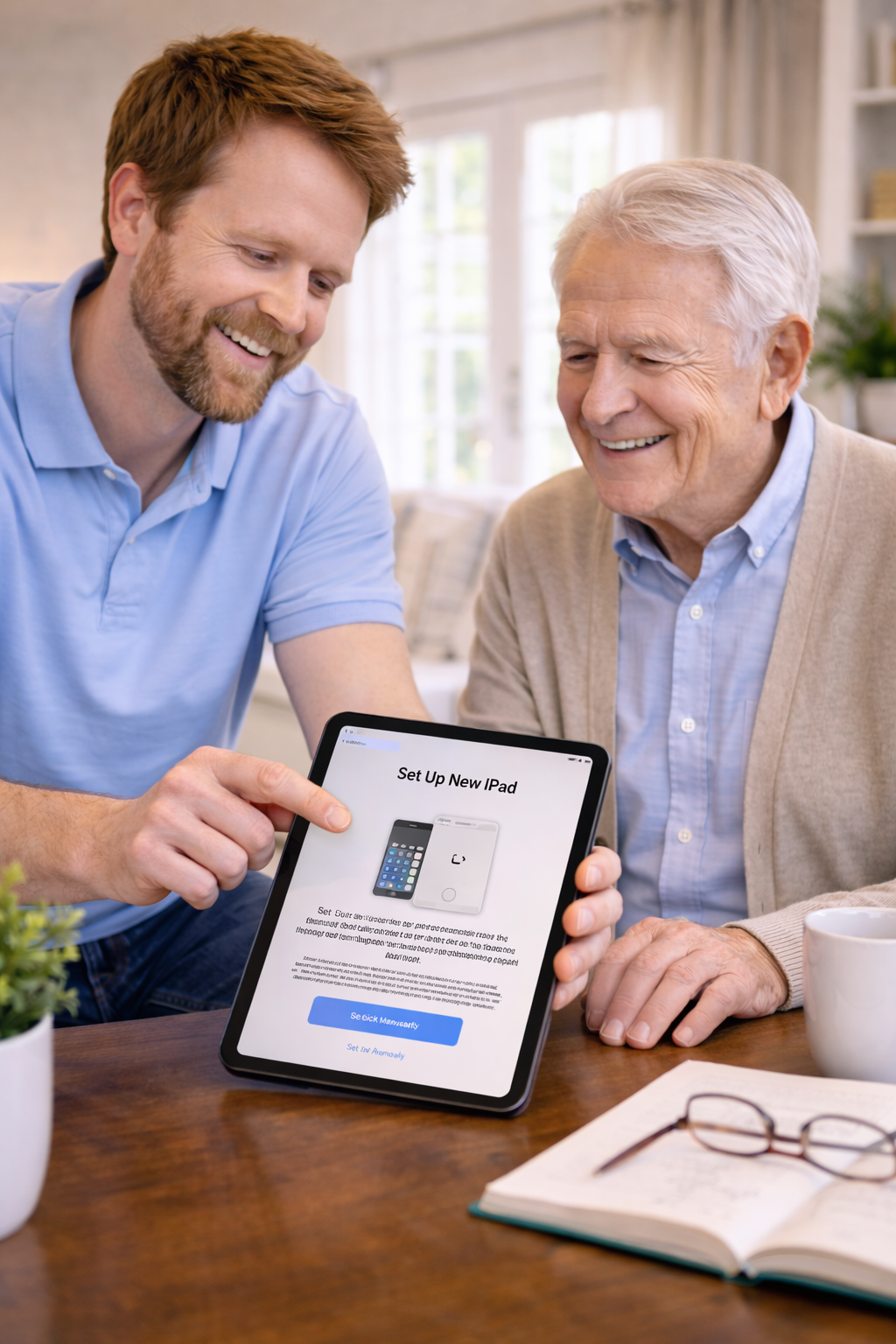 Aaron helping set up an Ipad for a senior
